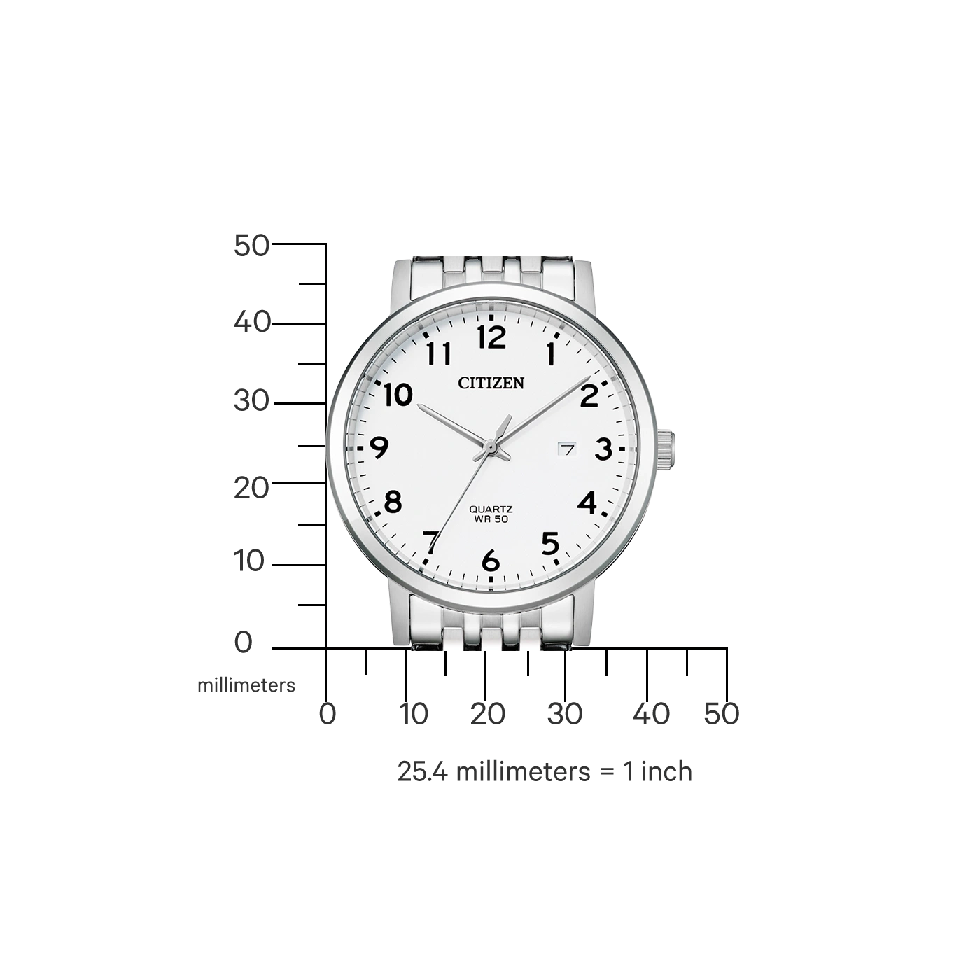 Citizen-Uhr mit weißem Zifferblatt, silbernem Armband und Millimeterskala zum Größenvergleich.