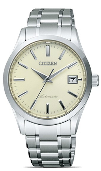 This image showcases a Citizen watch with a silver-toned case and metal bracelet. It features a light, possibly cream-colored dial with silver-toned hour markers and hands, a date window, and "Automatic" text, all against a plain background.
