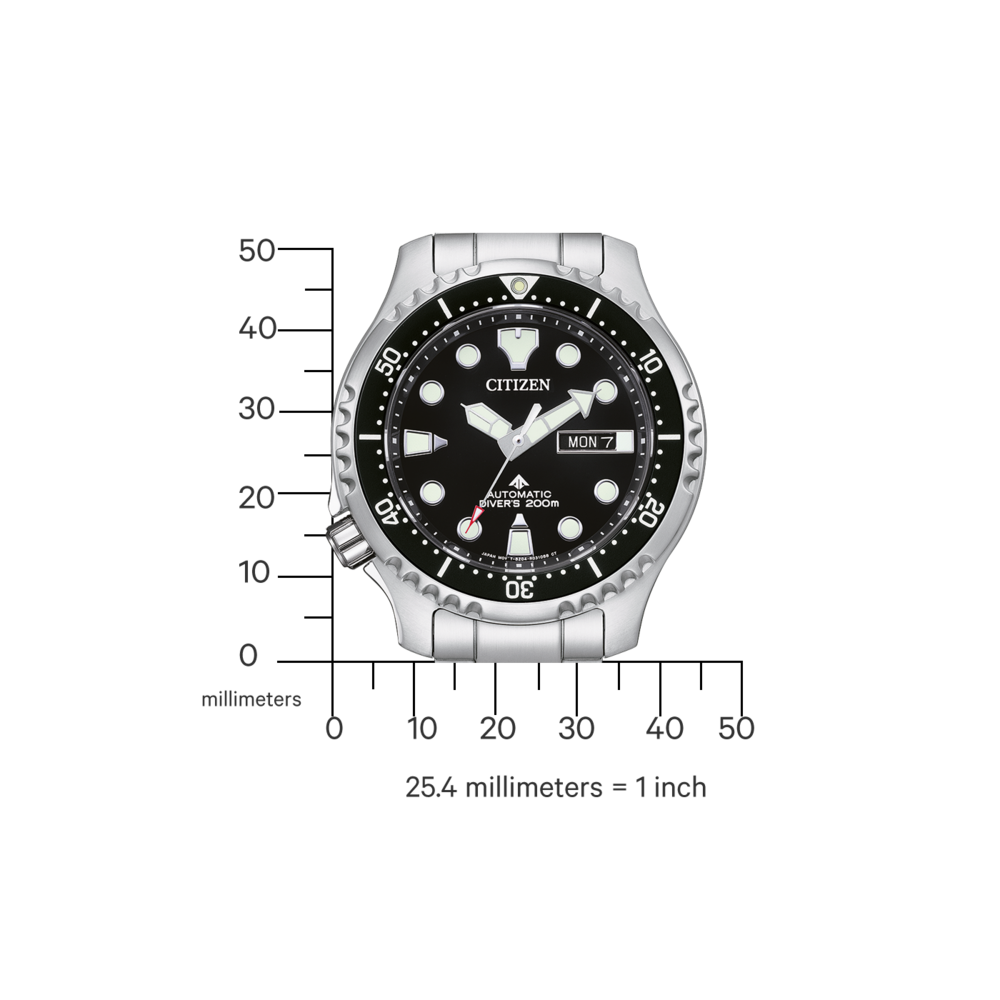 Citizen-Uhr mit schwarzem Zifferblatt, automatischem Taucher 200m und Datumsanzeige.