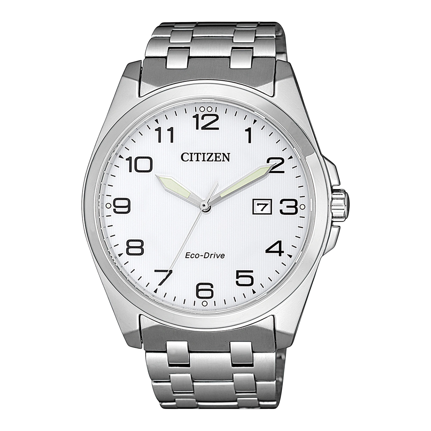 Citizen-Uhr mit weißem Zifferblatt, silbernem Armband und Eco-Drive-Technologie.