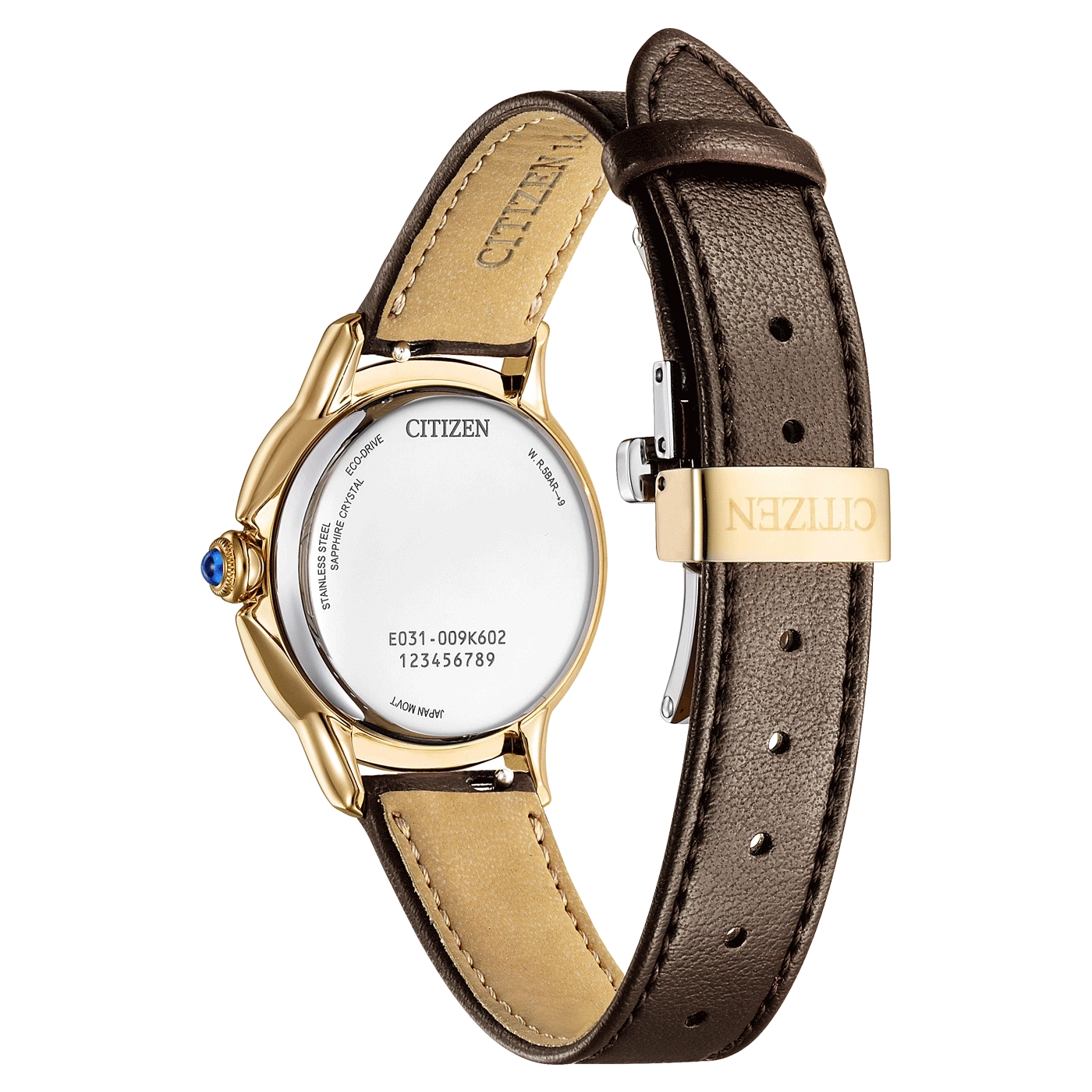 Citizen-Uhr, Goldgehäuse, braunes Lederarmband, Saphirglas, Eco-Drive, Edelstahl.