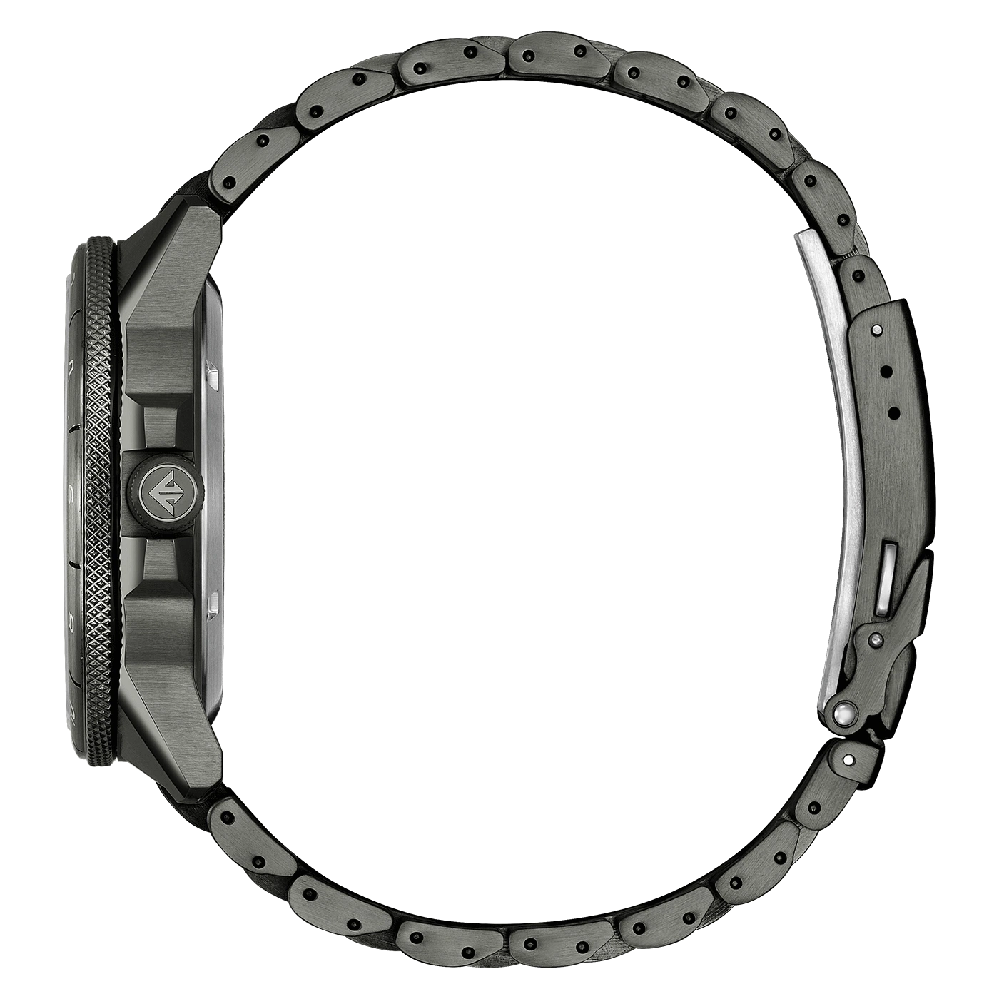 Seitenansicht einer dunkelgrauen Uhr mit Metallarmband.