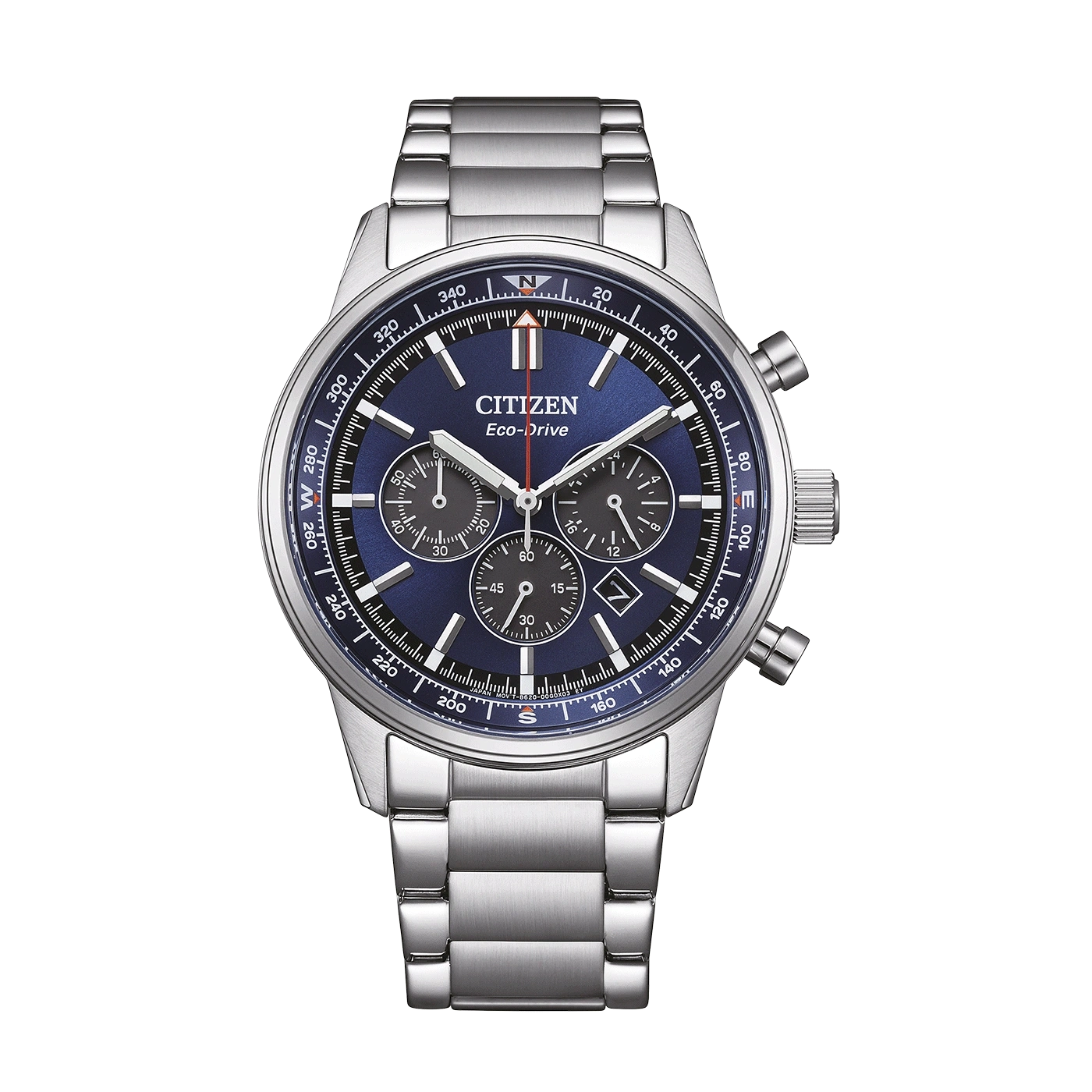 Eine Citizen Eco-Drive Chronographenuhr mit blauem Zifferblatt und Edelstahlarmband.