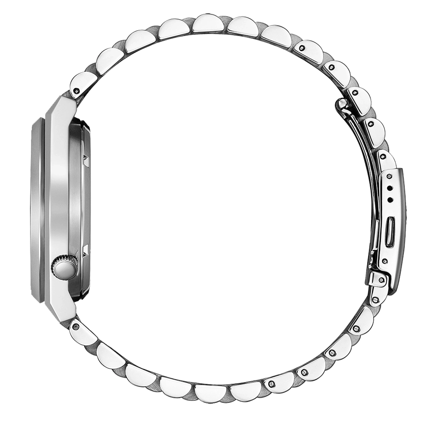 Seitenansicht einer silbernen Armbanduhr mit Metallband und Verschluss.