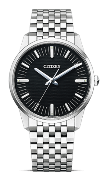 This image showcases a Citizen watch with a silver-toned case and a multi-link metal bracelet. It features a black dial with thin hour markers and sleek hands, all against a plain green background, exuding a clean and elegant aesthetic.