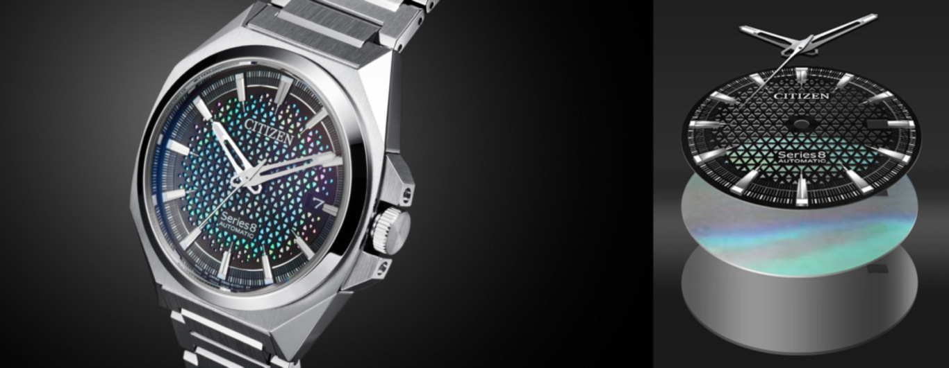 Citizen Series 8 Uhr mit schwarzem Zifferblatt und silbernem Armband.