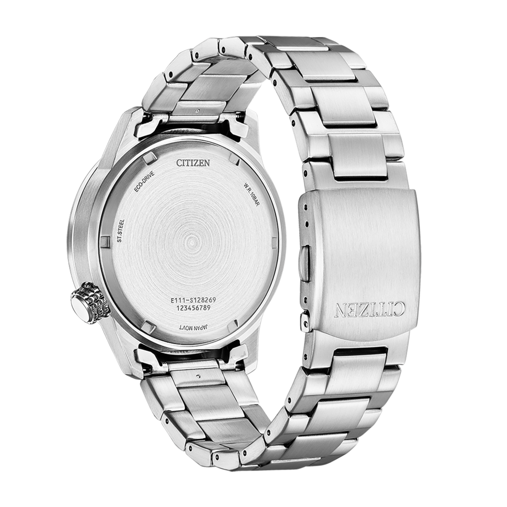 Citizen-Uhrrückseite, Edelstahl, Eco-Drive, W.R. 10BAR, Japan Movt.
