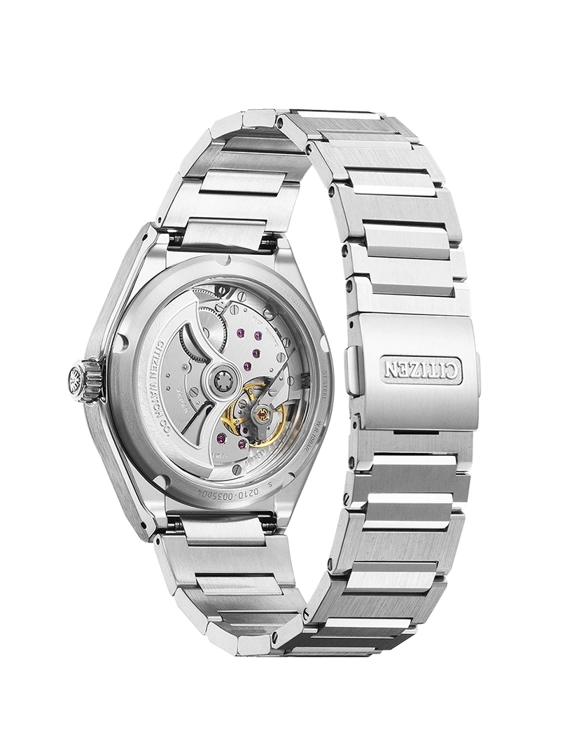 Citizen-Uhr, Rückseite mit Mechanismus und Metallarmband, Nahaufnahme.