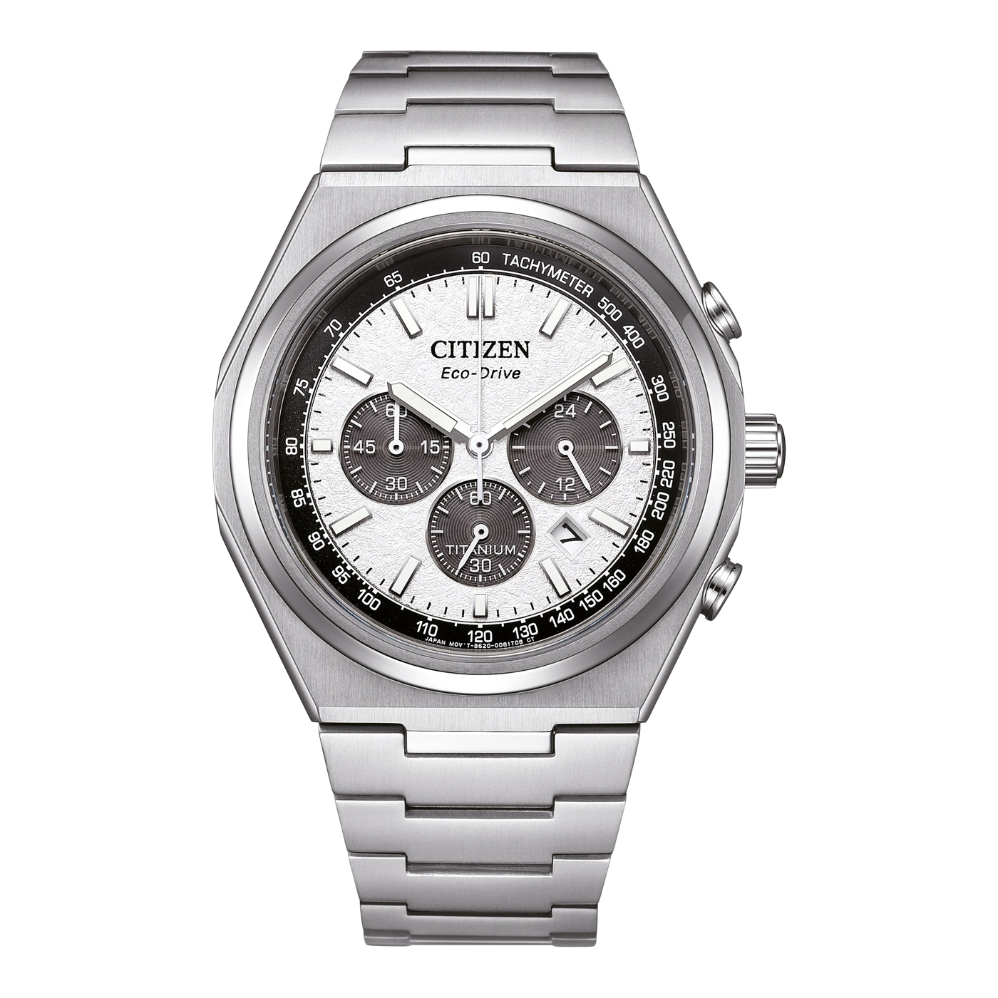 Citizen Eco-Drive Uhr mit weißem Zifferblatt und Titanarmband.