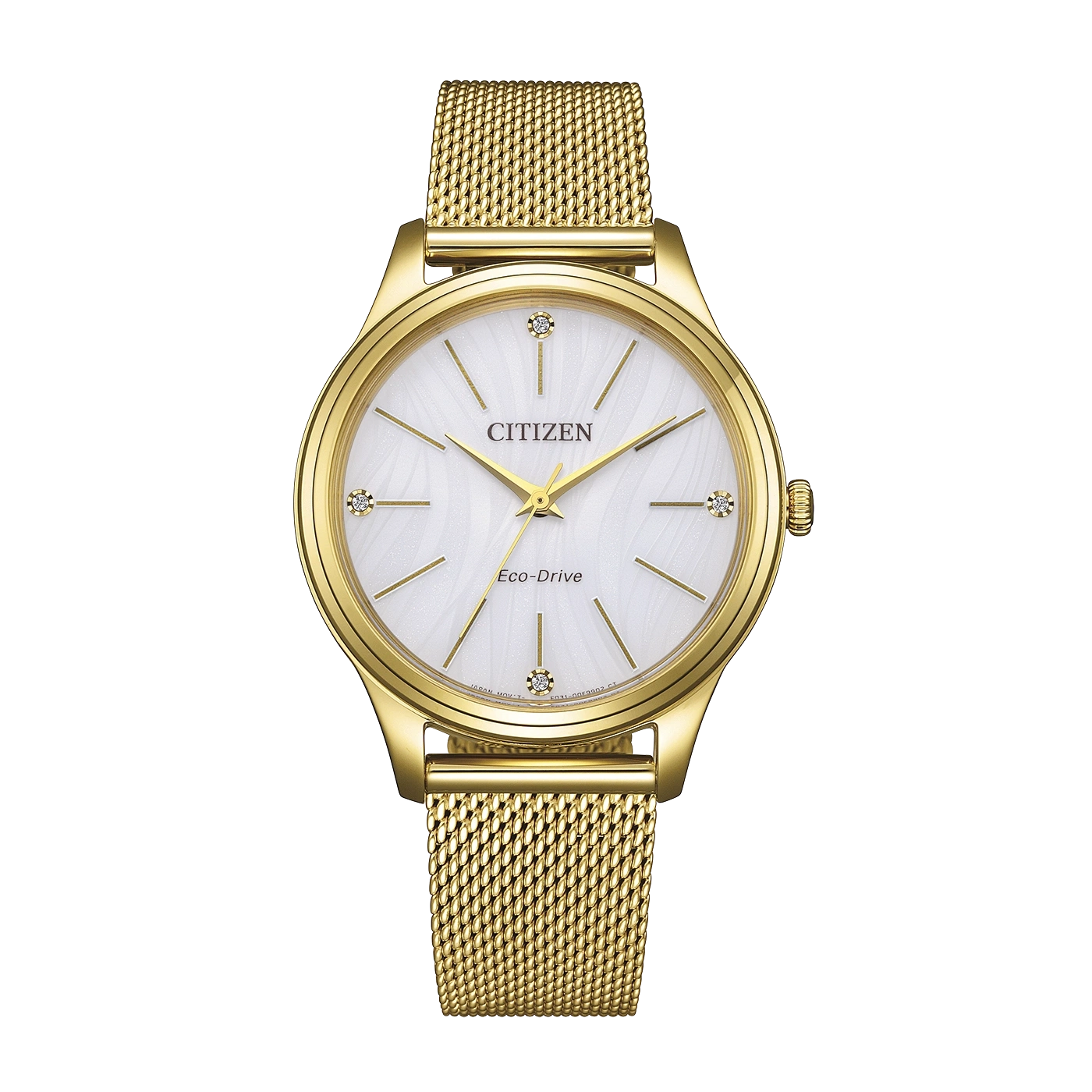 Eine goldene Citizen Eco-Drive Uhr mit weißem Zifferblatt und Diamantmarkierungen.