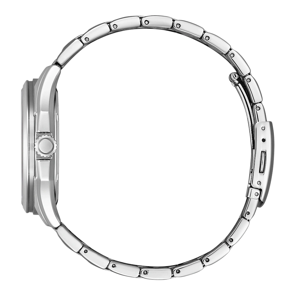 Seitenansicht einer silbernen Armbanduhr mit Metallband, elegantes Design.