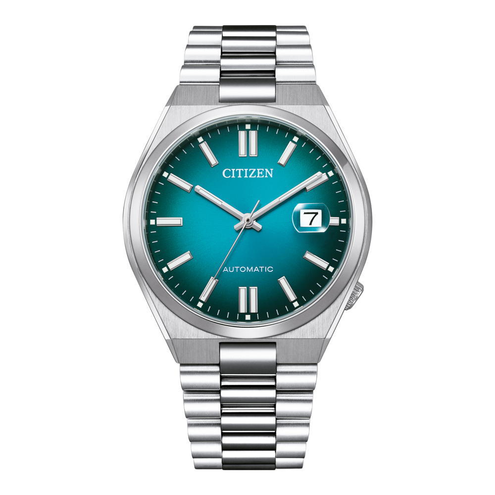 Citizen-Uhr mit türkisblauem Zifferblatt und silbernem Armband, Automatikwerk.