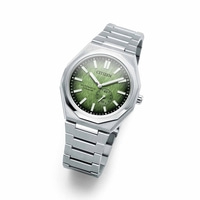 Citizen-Uhr mit grünem Zifferblatt und Titanarmband, elegantes Design.