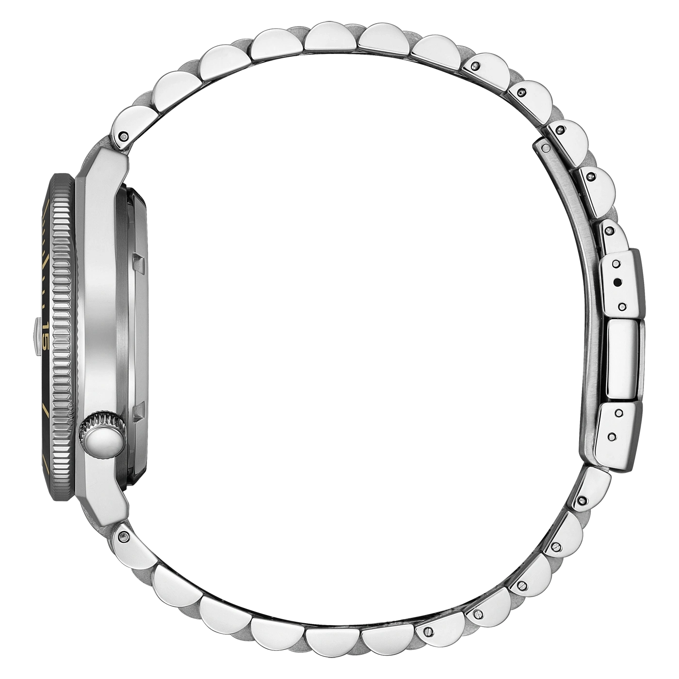 Ein silbernes Uhrenarmband im Seitenprofil, isoliert auf Weiß.