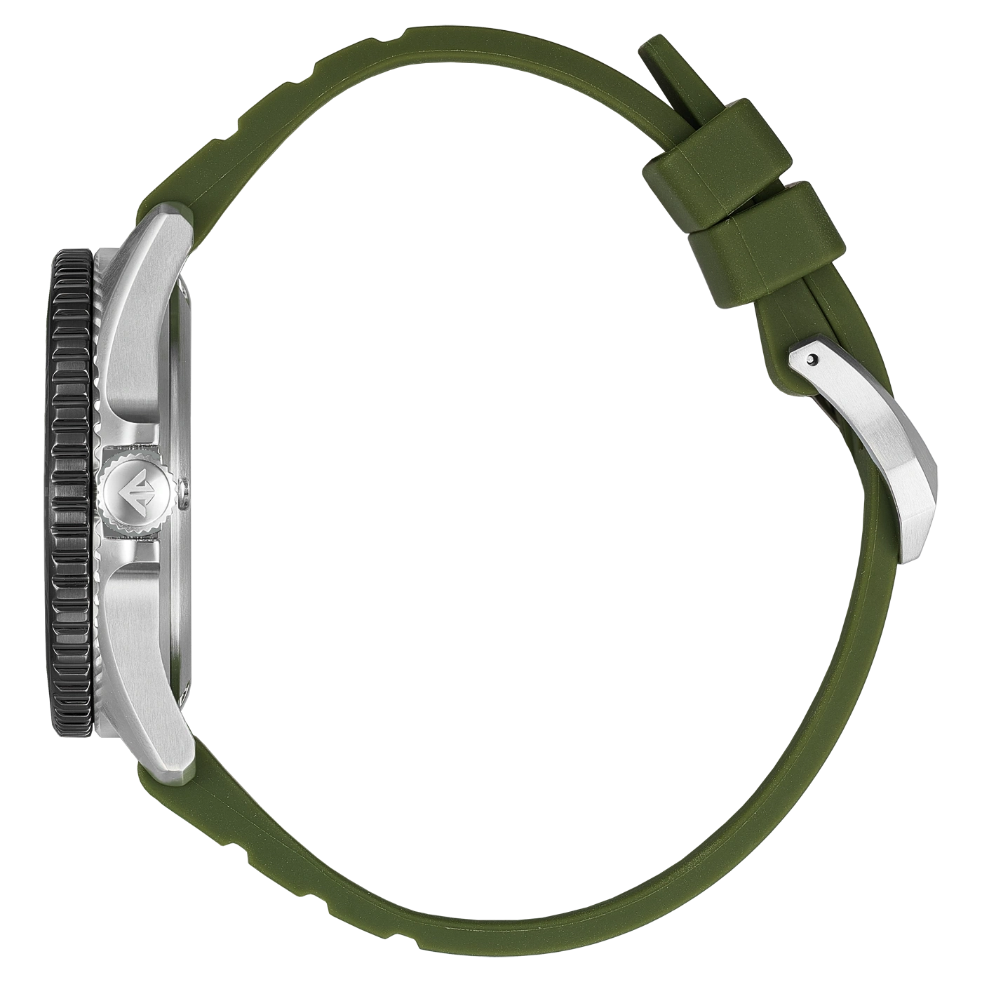 Eine Nahaufnahme eines grünen Kautschuk-Uhrenarmbands, das an einem silbernen Uhrengehäuse befestigt ist.