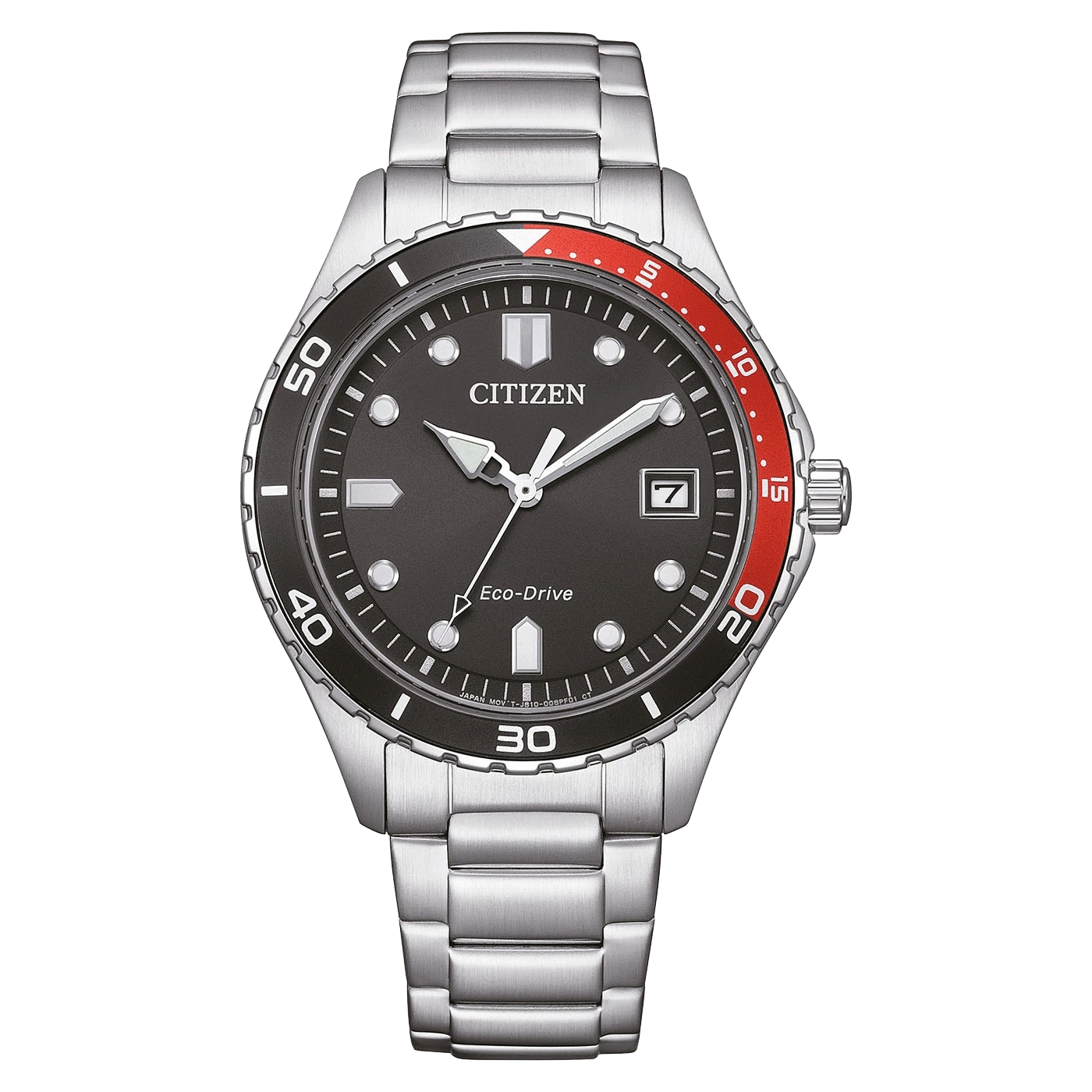 Citizen-Uhr mit schwarzem Zifferblatt, roter Lünette und silbernem Armband. Eco-Drive.