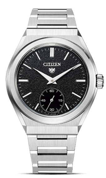 This image showcases a Citizen watch with a silver-toned integrated bracelet and case. It features a textured black dial with applied hour markers and a sub-seconds dial, exuding a sophisticated and precise aesthetic against a plain background.