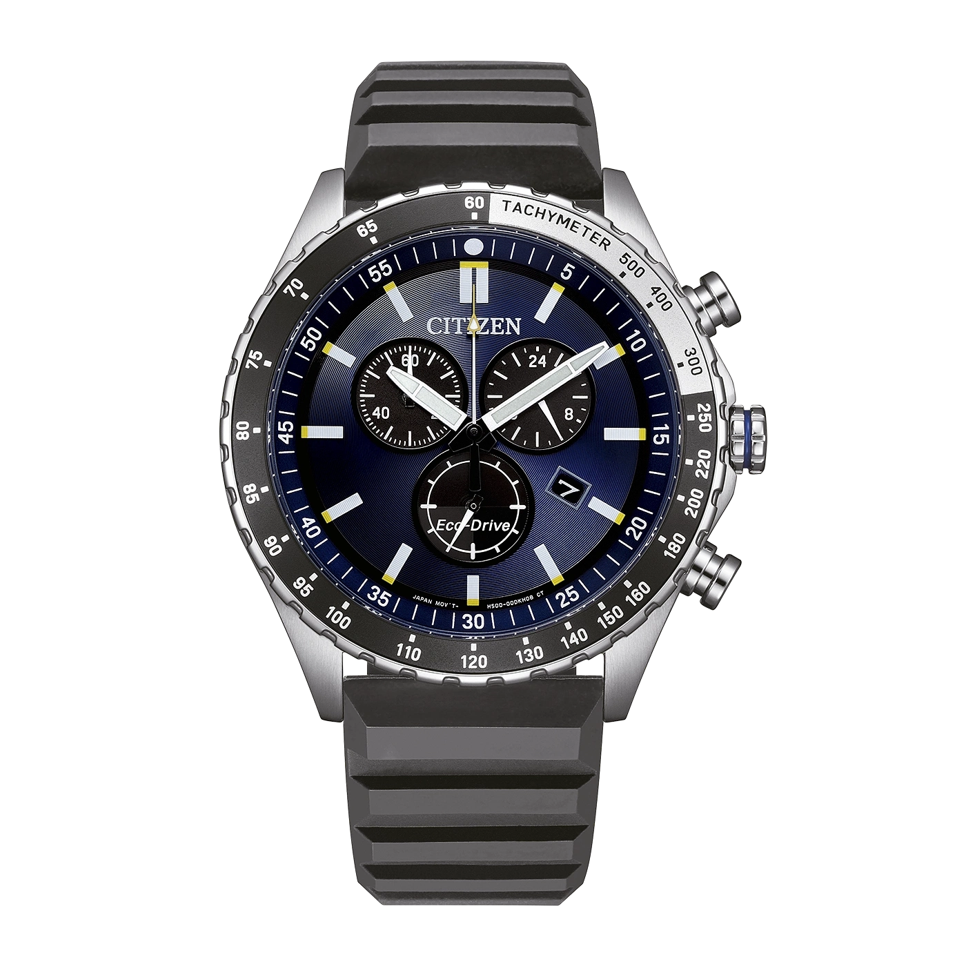 Eine blaue Citizen Eco-Drive Uhr mit Tachymeter-Lünette und schwarzem Armband.