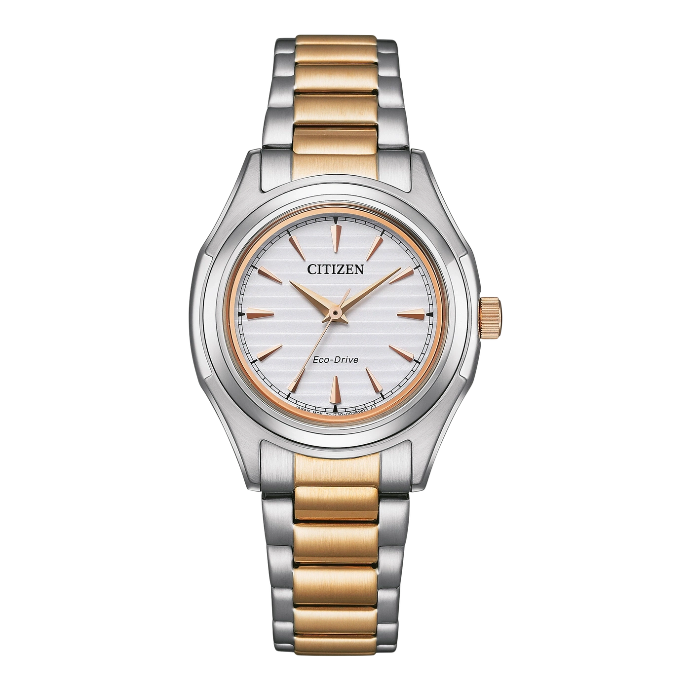 Citizen-Uhr mit silbernem und goldenem Armband und weißem Zifferblatt.