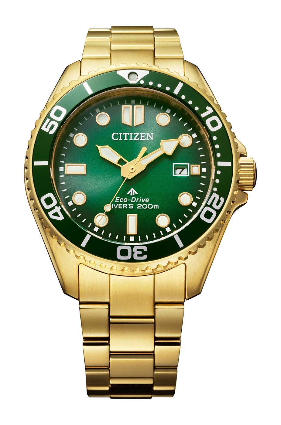 Goldene Citizen-Uhr mit grünem Zifferblatt und Lünette, ein stilvolles Zeitmessgerät.