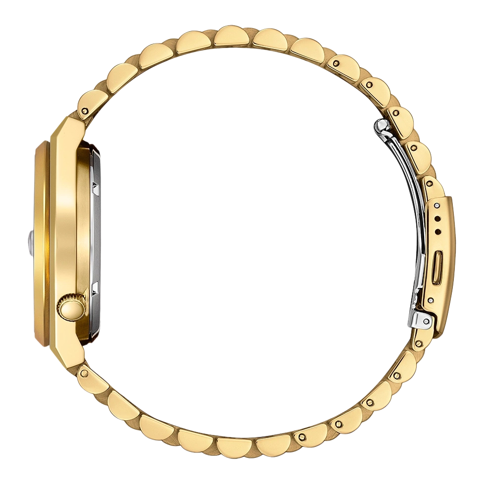 Goldene Uhr mit goldenem Armband, Seitenansicht, elegant und stilvoll.
