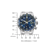 Citizen-Uhr mit blauem Zifferblatt, Chronograph und Kompassmarkierungen, Messung in Millimetern.