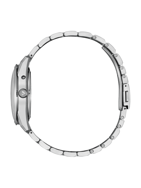 Seitenansicht einer silbernen Armbanduhr mit Metallband auf schwarzem Hintergrund.