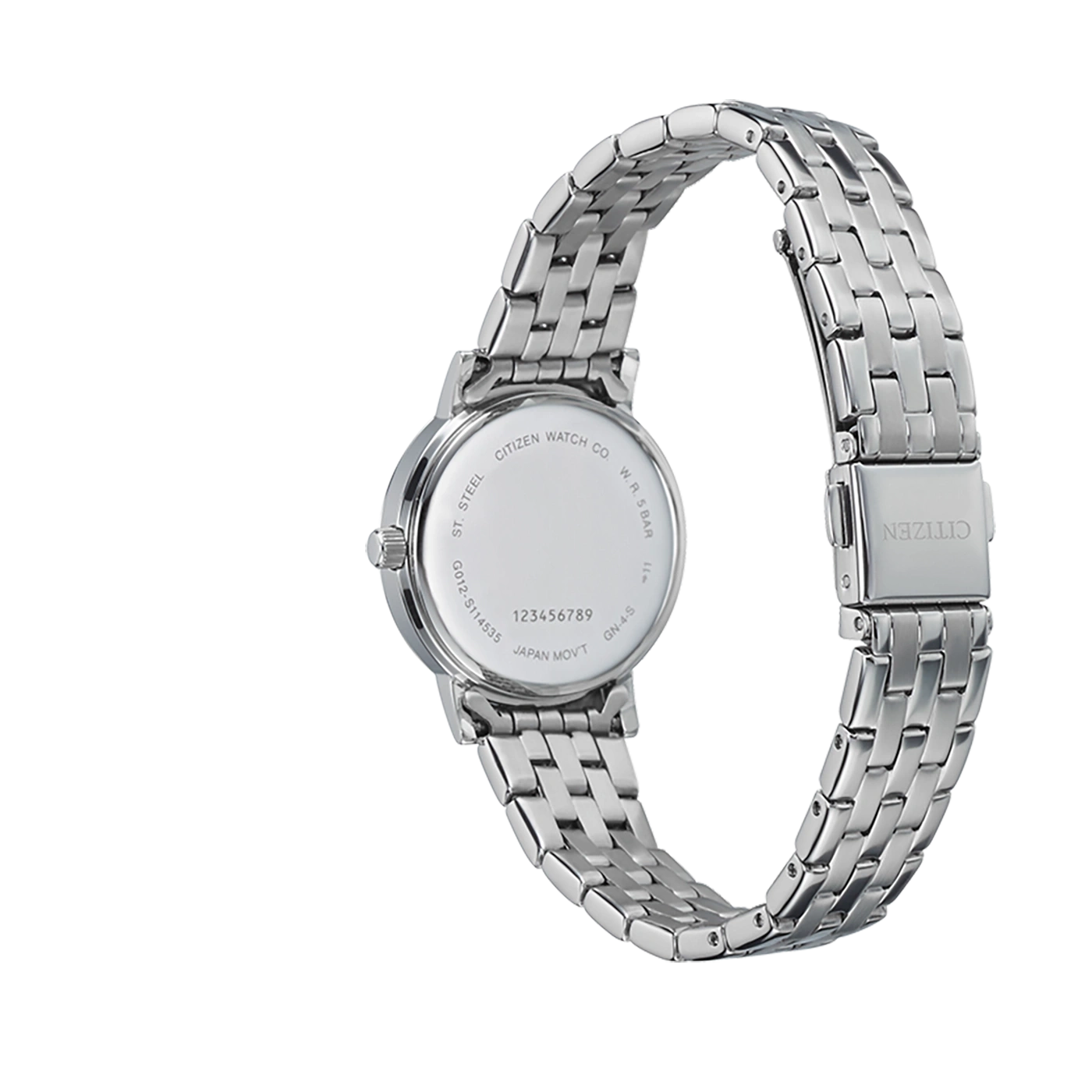 Citizen-Uhr, Edelstahl, rundes Zifferblatt, silbernes Armband, Rückansicht, elegantes Design