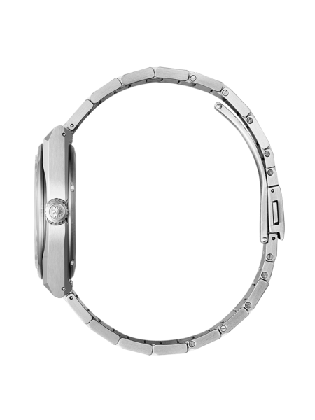 This side-profile image shows a Citizen watch with a silver-toned case, textured crown, and black leather strap with a deployment clasp, on a grey background.