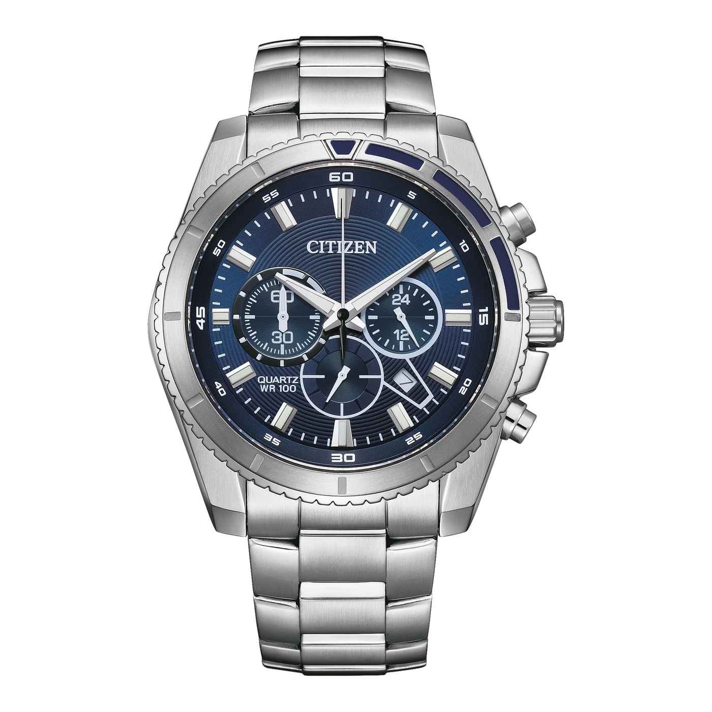 Citizen-Uhr mit blauem Zifferblatt und silbernem Armband, Chronograph, Quarzwerk, WR 100.