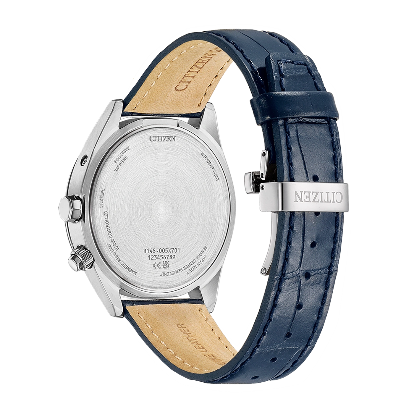 Citizen-Uhrrückseite, Saphir, Lederarmband, funkgesteuert, magnetisch beständig.
