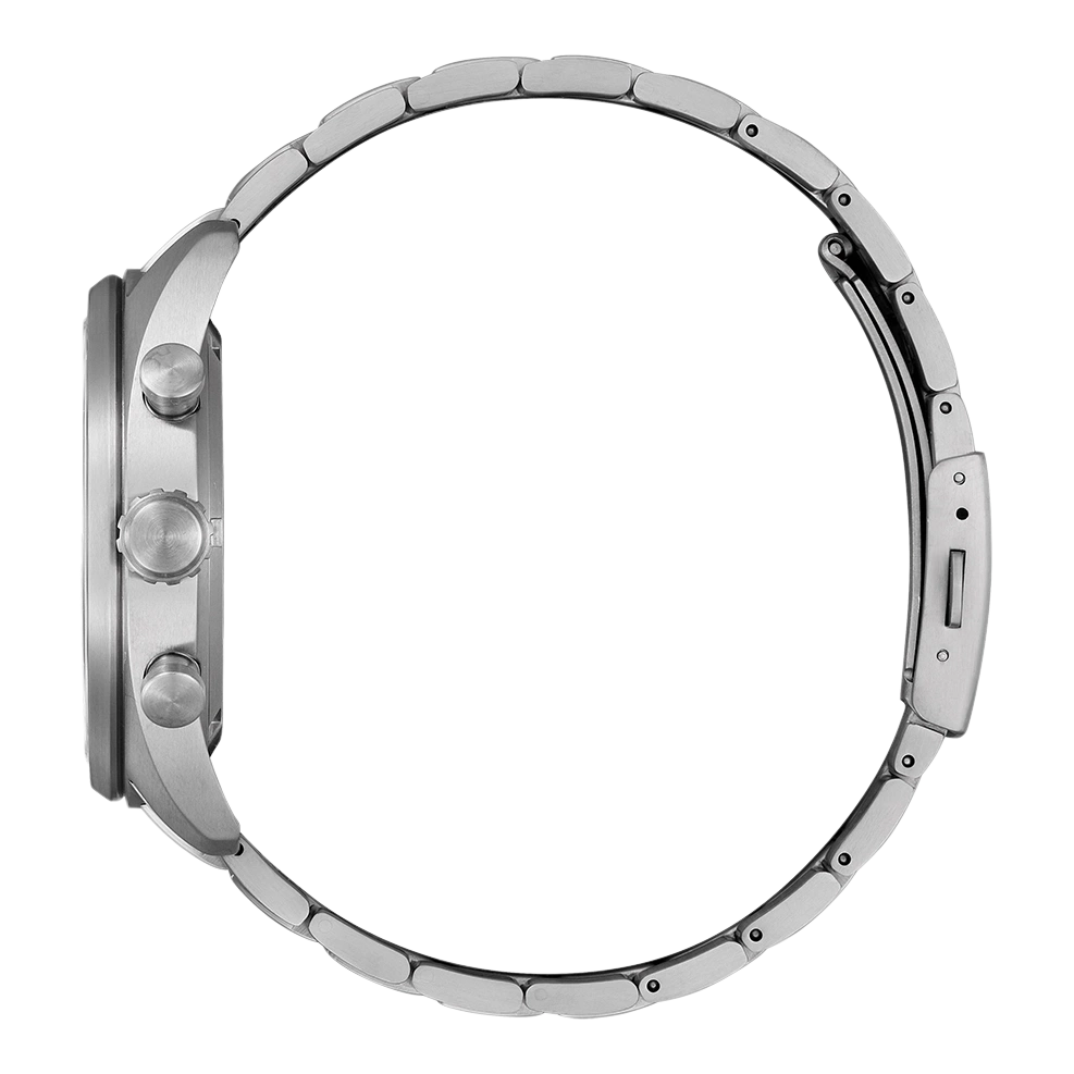 Seitenansicht einer silbernen Armbanduhr mit Metallarmband.