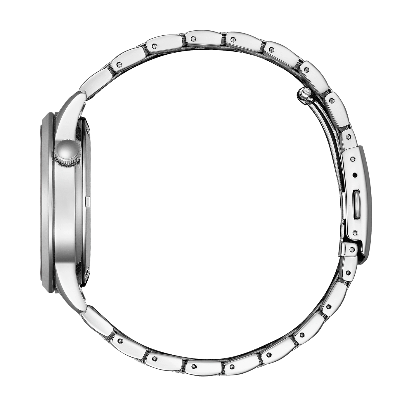 Seitenansicht einer silbernen Armbanduhr mit Metallband, elegantes Design.