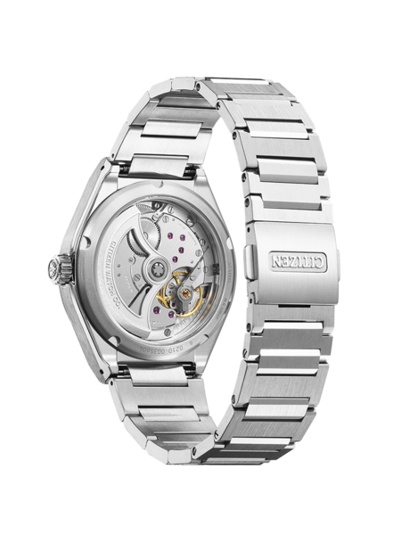 This image shows the transparent caseback of a Citizen watch, revealing its intricate mechanical movement with golden components and ruby jewels. It has a black leather strap with a 'CITIZEN' clasp, against a grey background.