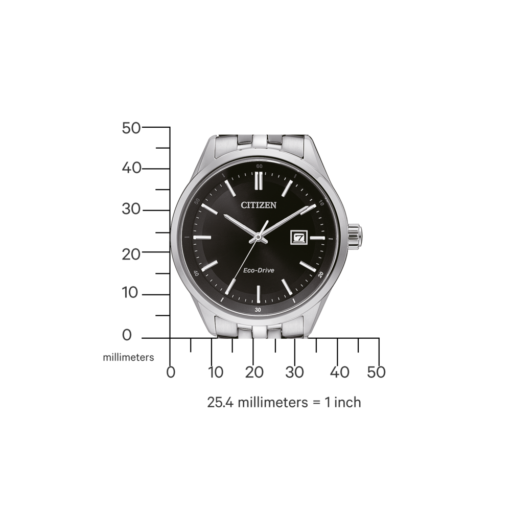 Citizen-Uhr mit schwarzem Zifferblatt, Eco-Drive und silbernem Armband. Maßstab.