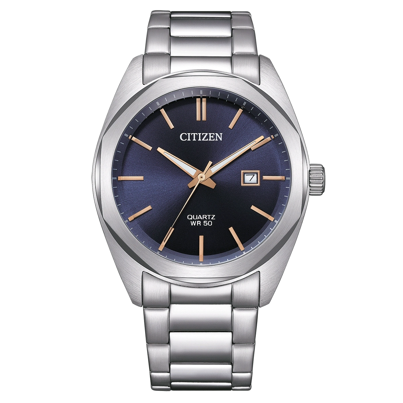 Citizen-Uhr mit blauem Zifferblatt und silbernem Armband, elegantes Design.
