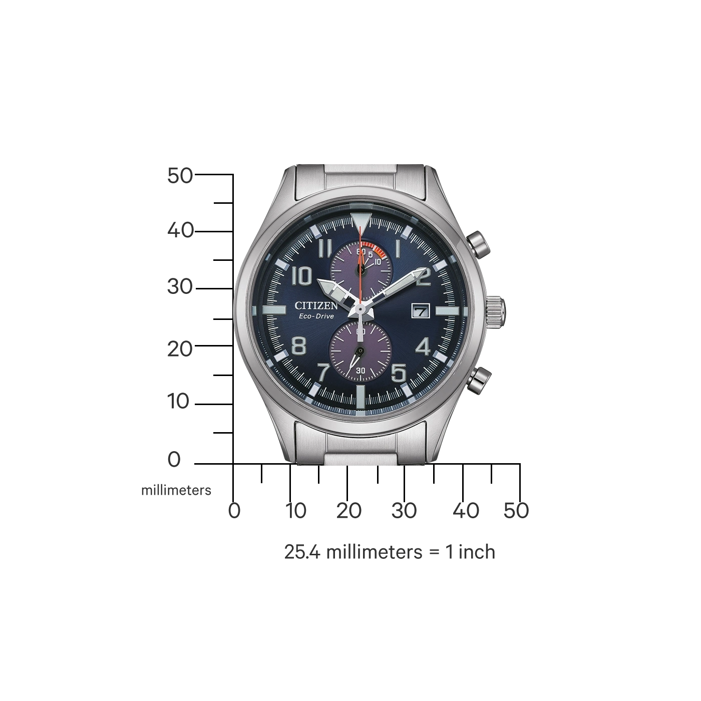 Citizen Eco-Drive Uhr mit blauem Zifferblatt und silbernem Armband, mit Messungen.