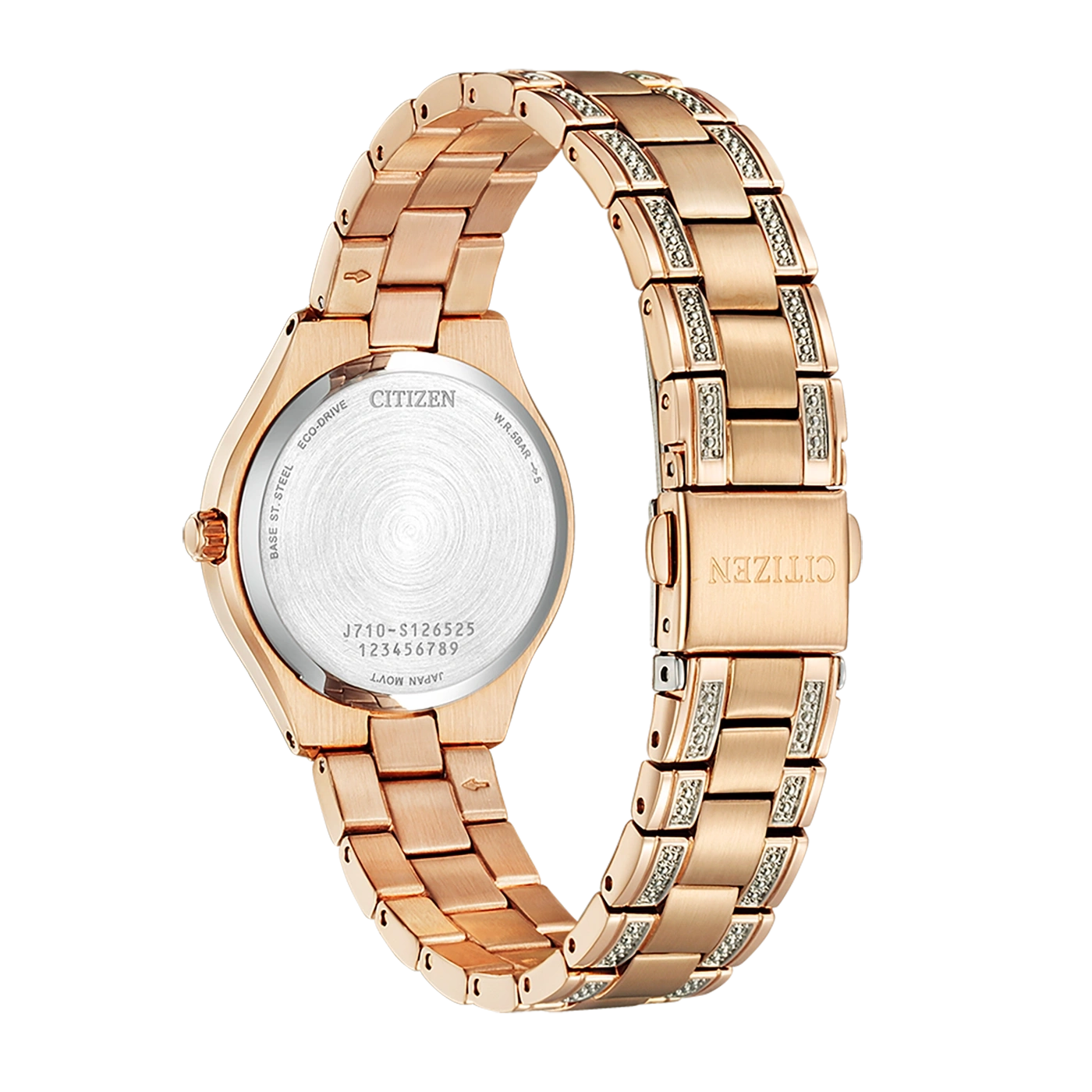 Citizen-Uhr, Roségold, Eco-Drive, Rückansicht, mit Details des Armbands und der Schließe.