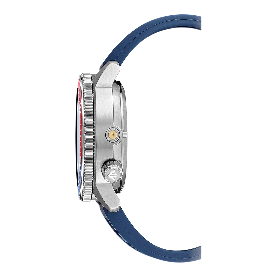 Seitenansicht einer silbernen Uhr mit blauem Armband und farbenfrohem Zifferblatt.