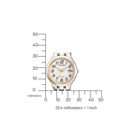 Citizen-Uhr mit weißem Zifferblatt, goldenen Akzenten und silbernem Armband, mit Millimeterskala.