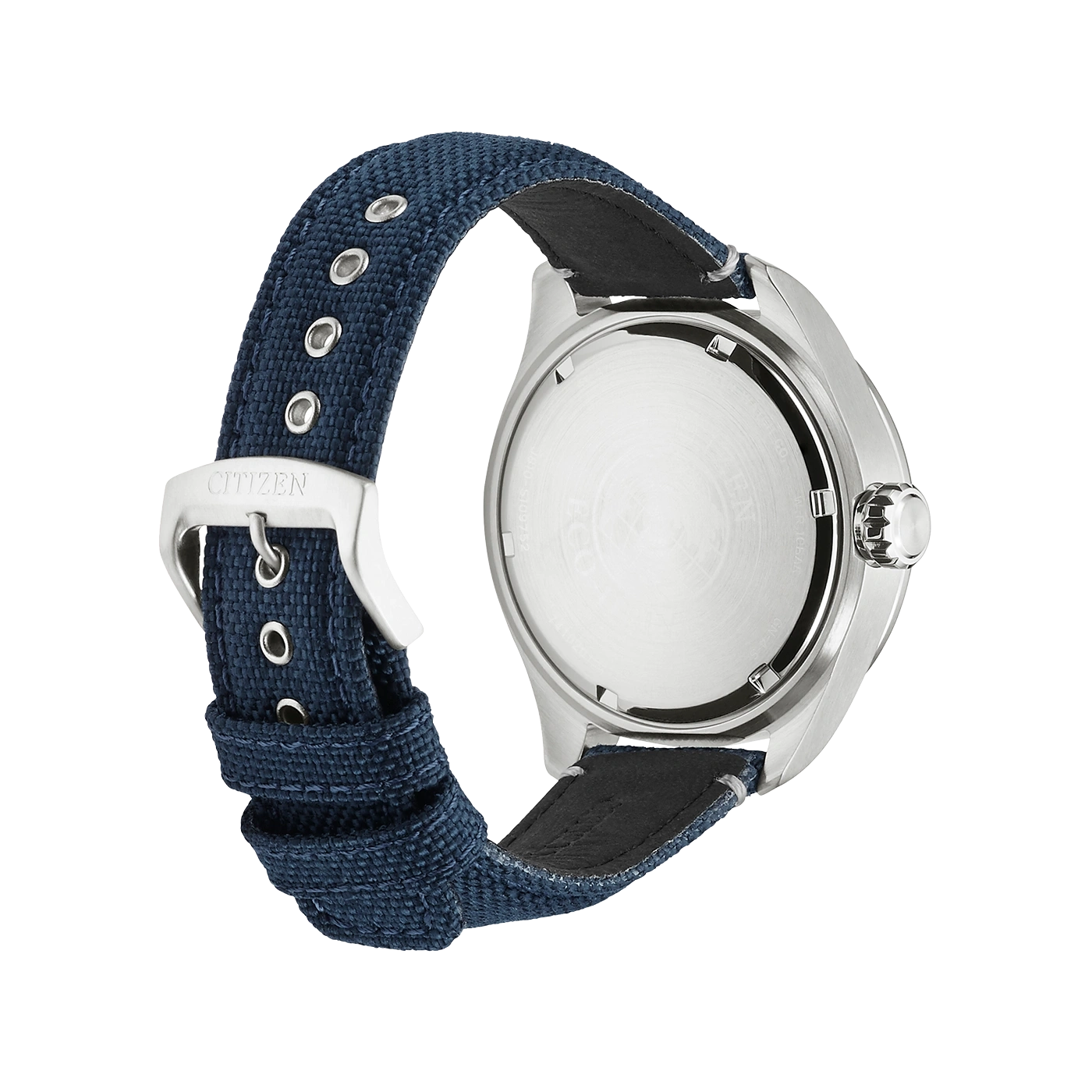 Citizen-Uhr mit blauem Armband, Rückansicht, Edelstahlgehäuse