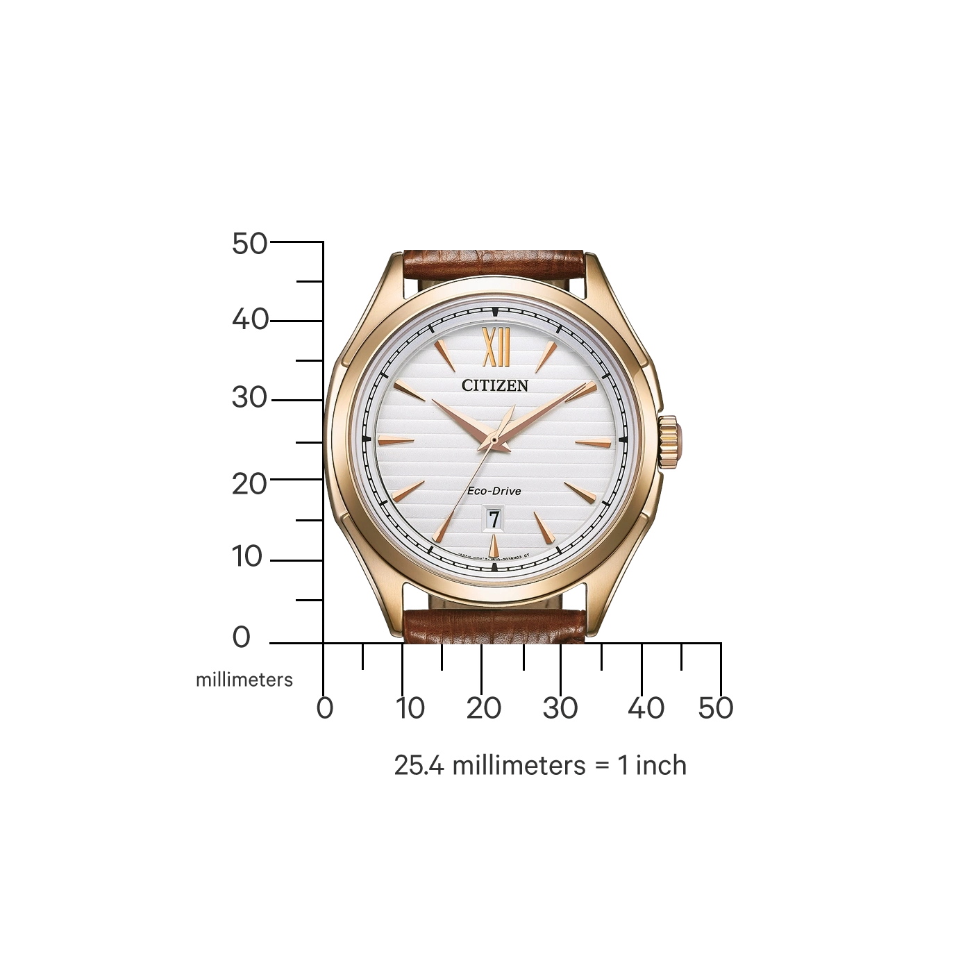 Citizen Eco-Drive Uhr mit weißem Zifferblatt und braunem Lederarmband, goldenes Gehäuse.
