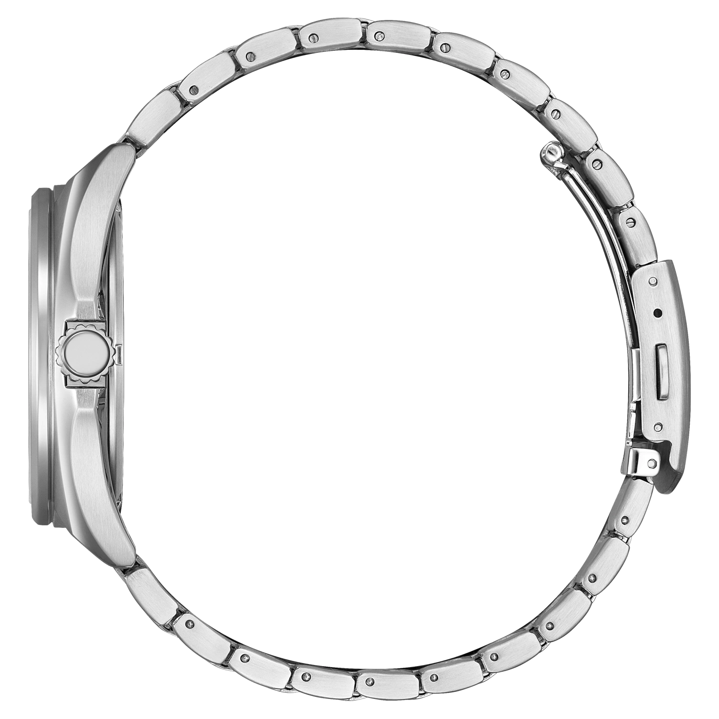 Seitenansicht einer silbernen Armbanduhr mit Metallband, elegantes Design.