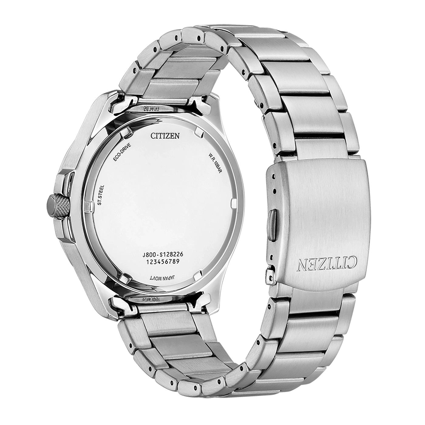 Citizen-Uhrenrückseite, Edelstahl, Eco-Drive, W.R. 10bar, Japan Movt.