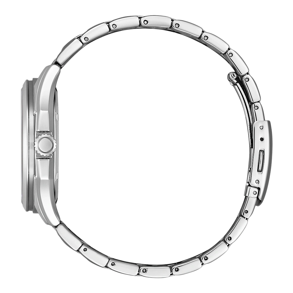 Silberne Uhr mit Metallarmband, Seitenansicht, elegantes Design, glänzend