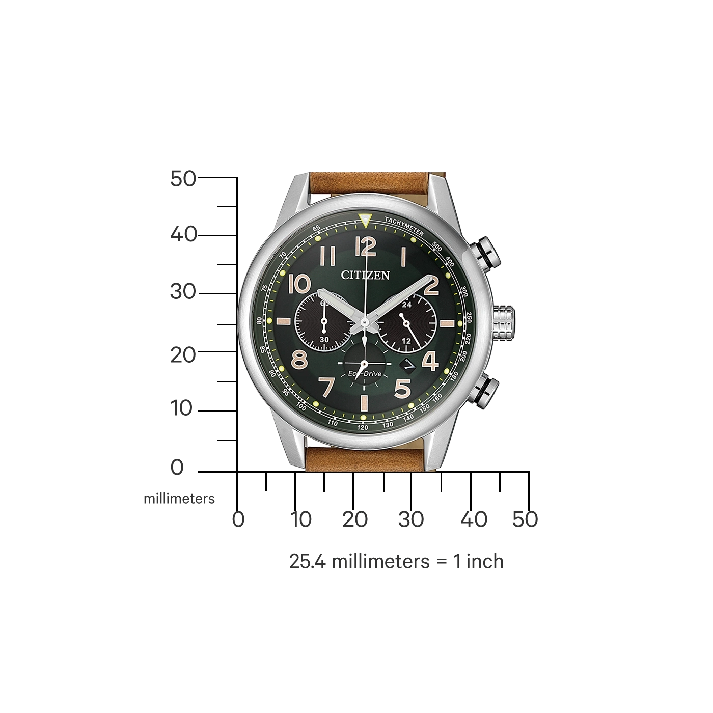 Citizen-Uhr mit grünem Zifferblatt und braunem Lederarmband, Messskala.