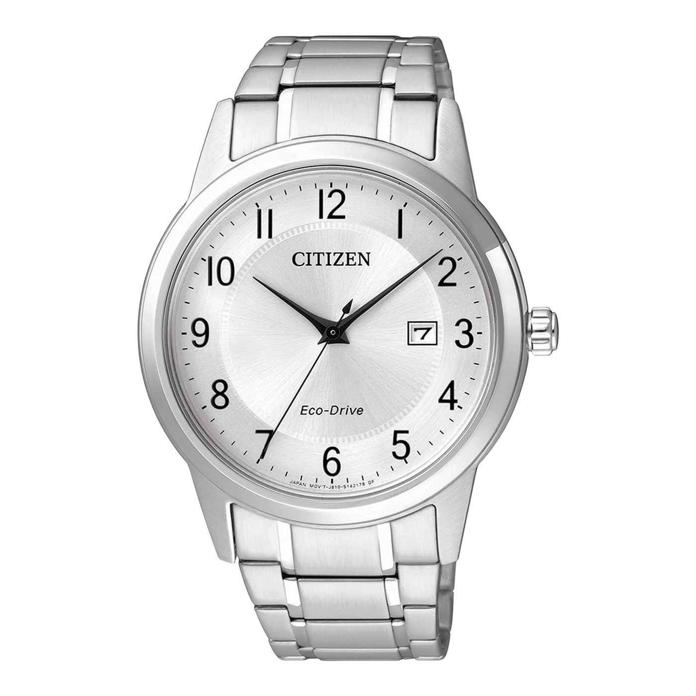 Silberne Citizen Eco-Drive Uhr mit Datumsanzeige und Edelstahlarmband.
