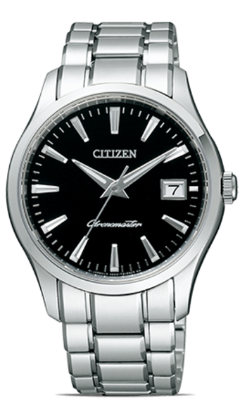 This image showcases a Citizen watch with a sleek black dial, polished silver-toned case, and metal bracelet. It features applied hour markers, luminescent hands, a date window at 3 o'clock, and 'Chronomaster' text, all against a plain background.