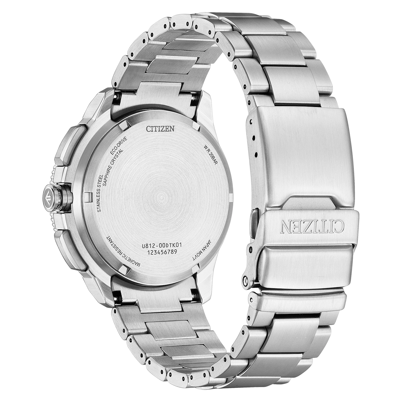 Rückansicht einer gebürsteten Citizen Eco-Drive-Uhr aus Edelstahl.