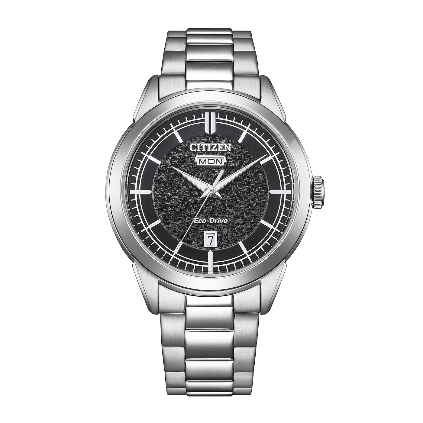 Eine Citizen Eco-Drive Uhr mit schwarzem, texturiertem Zifferblatt und silbernem Armband.